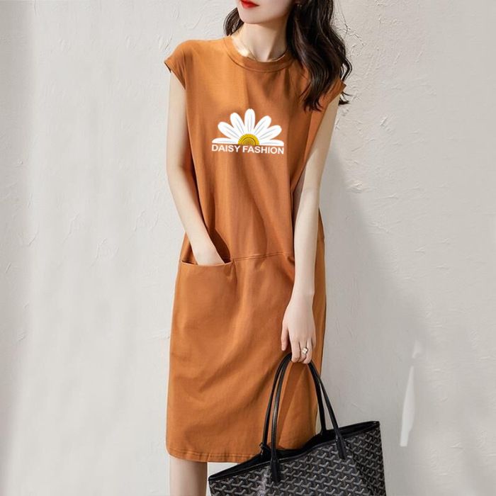 Summer new loose fitting dress, solid color T-shirt dress, women's Korean version medium length fairy dress, fashionable printed round neck long dress, solid color with pockets, simple and elegant, fa
