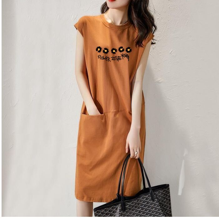 Summer new loose fitting dress, solid color T-shirt dress, women's Korean version medium length fairy dress, fashionable printed round neck long dress, solid color with pockets, simple and elegant, fa