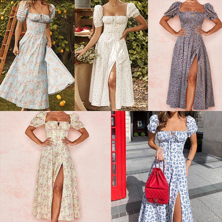 New summer women's clothing from Europe and America, floral square necked lady dress, split hem dress, fashionable print, elegant solid color fashionable high-end camisole dress, slim fit hollow backl