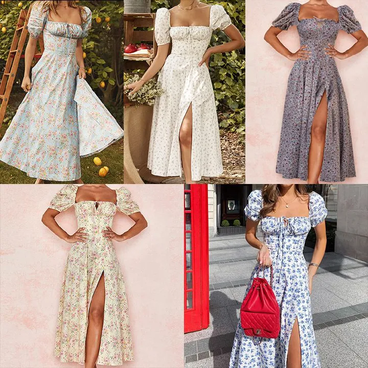 New summer women's clothing from Europe and America, floral square necked lady dress, split hem dress, fashionable print, elegant solid color fashionable high-end camisole dress, slim fit hollow backl