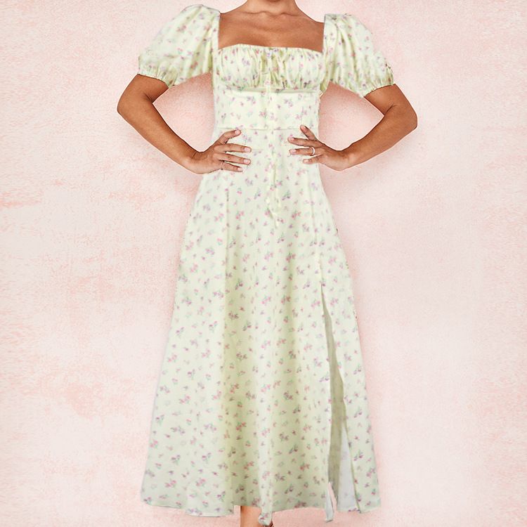 New summer women's clothing from Europe and America, floral square necked lady dress, split hem dress, fashionable print, elegant solid color fashionable high-end camisole dress, slim fit hollow backl