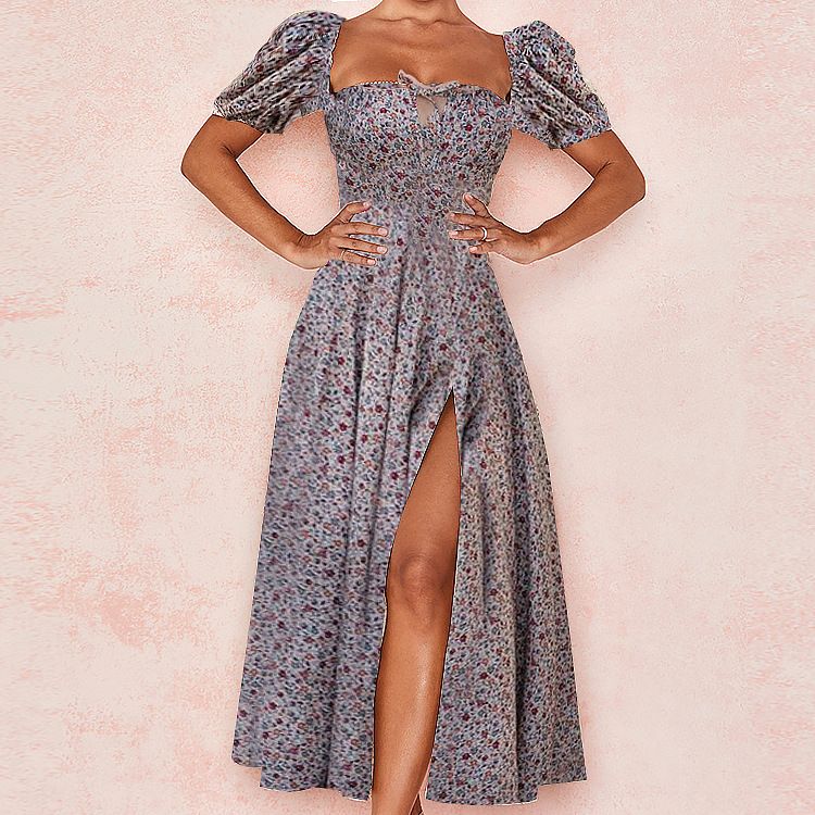 New summer women's clothing from Europe and America, floral square necked lady dress, split hem dress, fashionable print, elegant solid color fashionable high-end camisole dress, slim fit hollow backl