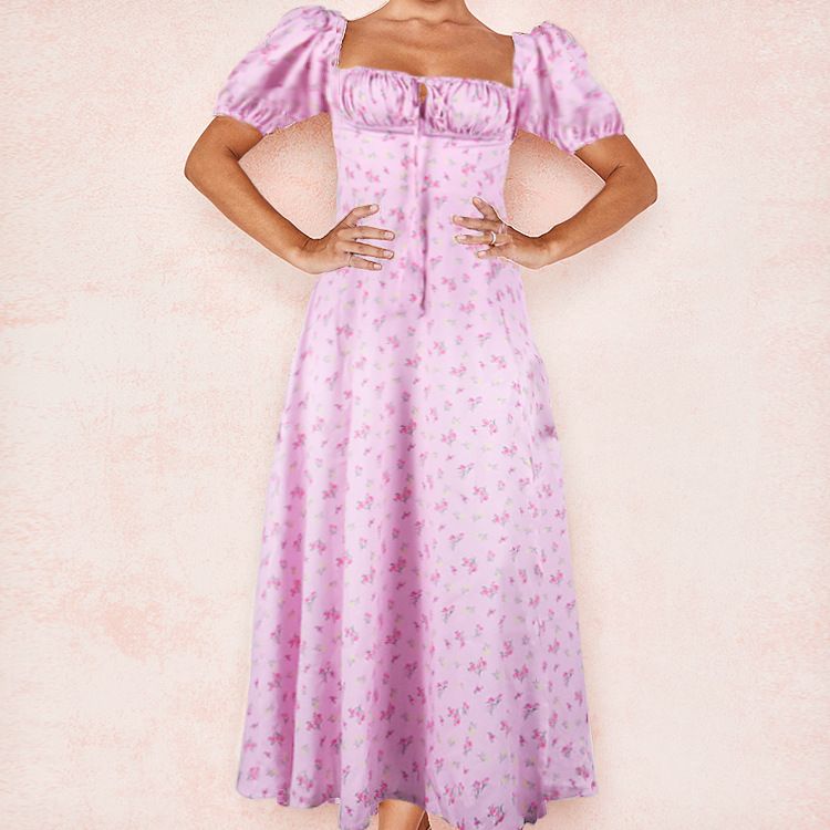 New summer women's clothing from Europe and America, floral square necked lady dress, split hem dress, fashionable print, elegant solid color fashionable high-end camisole dress, slim fit hollow backl