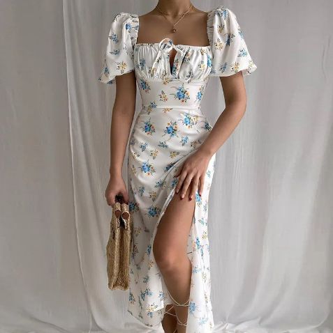 New summer women's clothing from Europe and America, floral square necked lady dress, split hem dress, fashionable print, elegant solid color fashionable high-end camisole dress, slim fit hollow backl