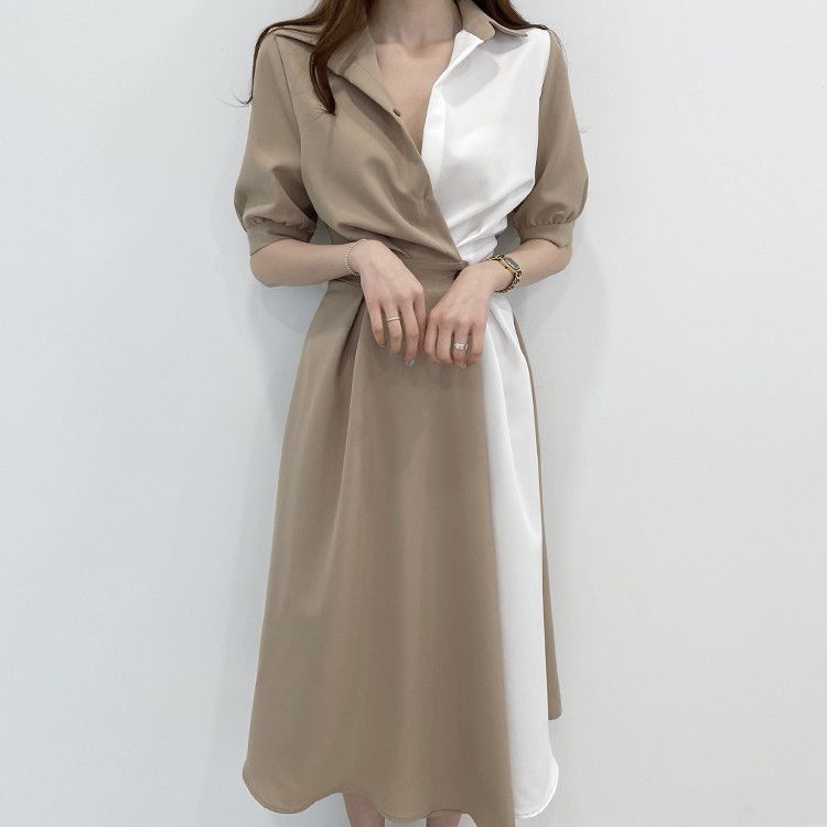 Korean chicc summer French style niche lapel long dress, with a contrasting color design and a button up waist short sleeved dress, slim fitting temperament shirt dress, fashionable and elegant, simpl