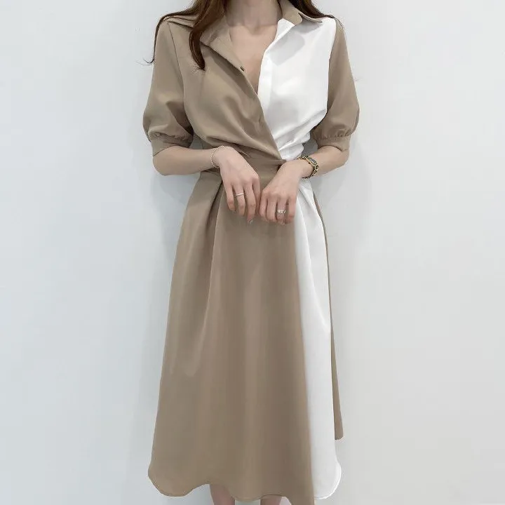 Korean chicc summer French style niche lapel long dress, with a contrasting color design and a button up waist short sleeved dress, slim fitting temperament shirt dress, fashionable and elegant, simpl