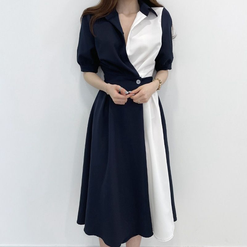 Korean chicc summer French style niche lapel long dress, with a contrasting color design and a button up waist short sleeved dress, slim fitting temperament shirt dress, fashionable and elegant, simpl