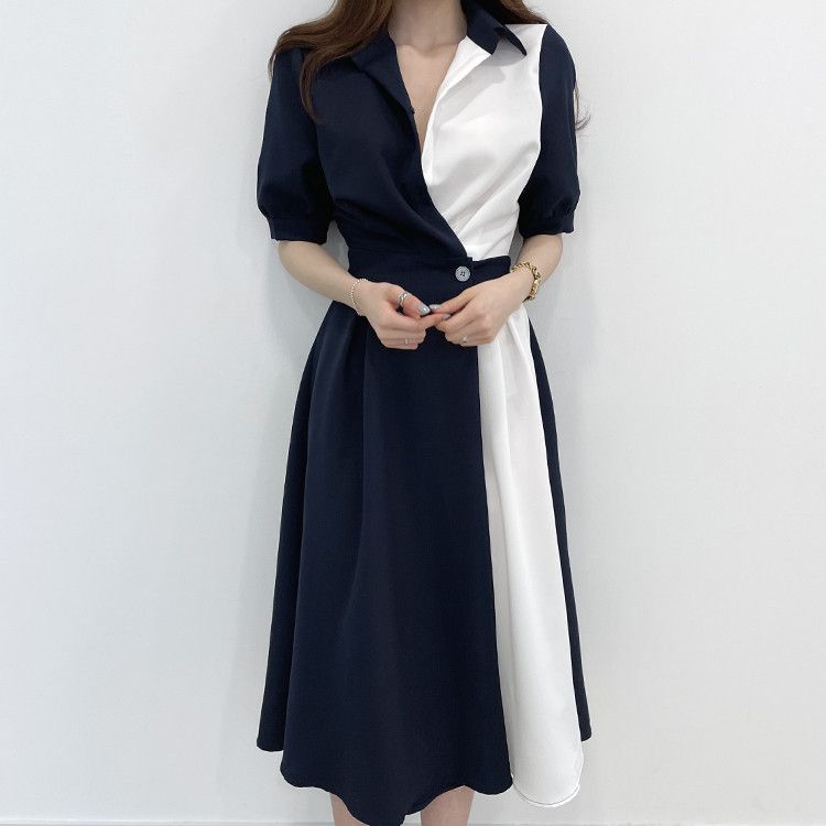 Korean chicc summer French style niche lapel long dress, with a contrasting color design and a button up waist short sleeved dress, slim fitting temperament shirt dress, fashionable and elegant, simpl