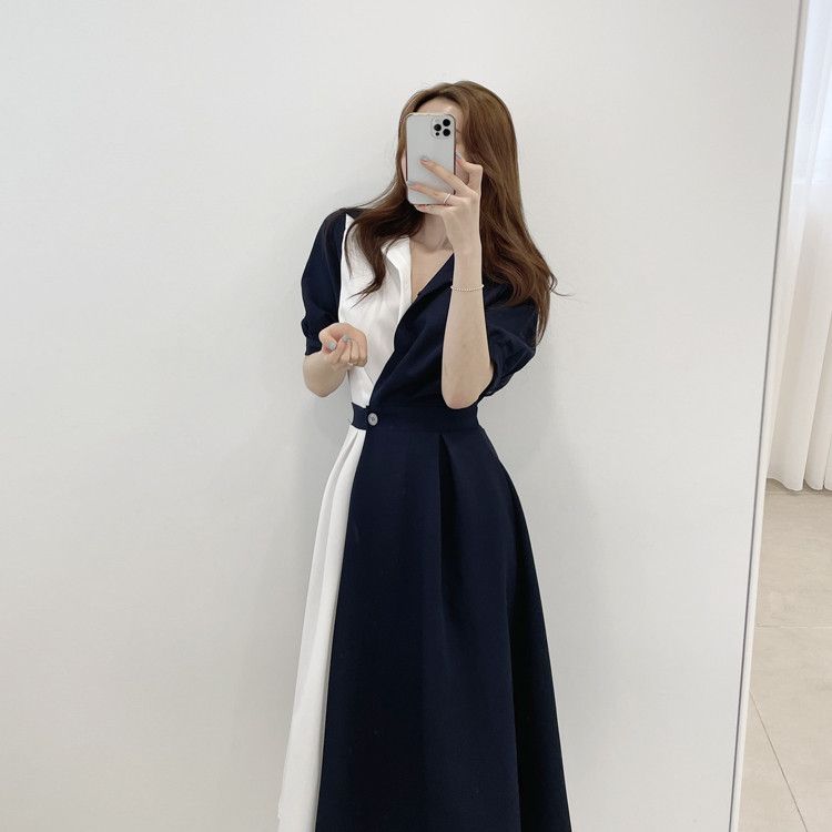 Korean chicc summer French style niche lapel long dress, with a contrasting color design and a button up waist short sleeved dress, slim fitting temperament shirt dress, fashionable and elegant, simpl