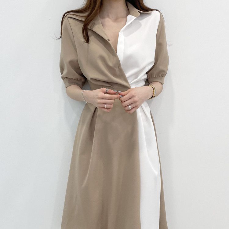 Korean chicc summer French style niche lapel long dress, with a contrasting color design and a button up waist short sleeved dress, slim fitting temperament shirt dress, fashionable and elegant, simpl