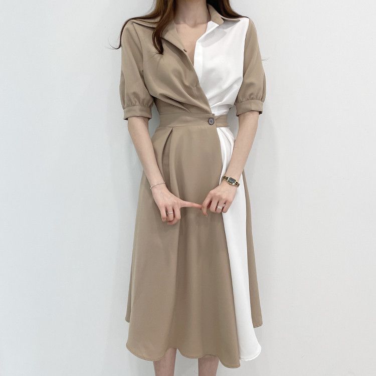 Korean chicc summer French style niche lapel long dress, with a contrasting color design and a button up waist short sleeved dress, slim fitting temperament shirt dress, fashionable and elegant, simpl