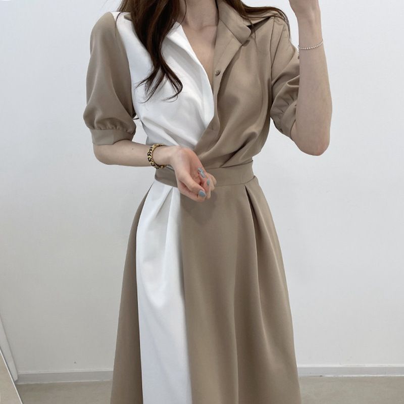 Korean chicc summer French style niche lapel long dress, with a contrasting color design and a button up waist short sleeved dress, slim fitting temperament shirt dress, fashionable and elegant, simpl
