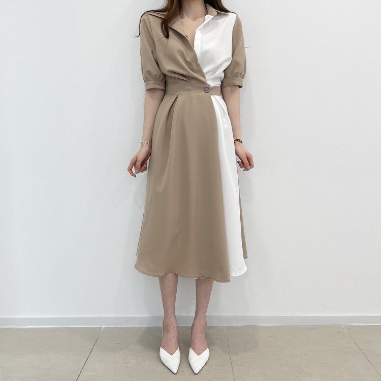 Korean chicc summer French style niche lapel long dress, with a contrasting color design and a button up waist short sleeved dress, slim fitting temperament shirt dress, fashionable and elegant, simpl
