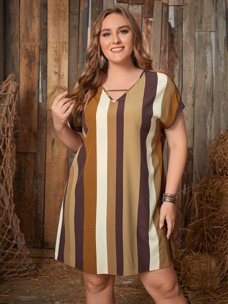 2024 European and American new oversized women's clothing, fashionable striped bat sleeve waist tied dress, V-neck slim fit skirt, soft and breathable, comfortable and versatile, popular in Africa
