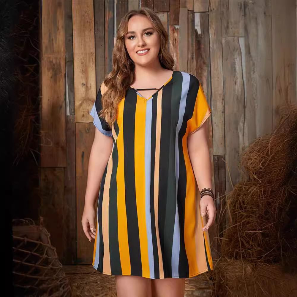 2024 European and American new oversized women's clothing, fashionable striped bat sleeve waist tied dress, V-neck slim fit skirt, soft and breathable, comfortable and versatile, popular in Africa
