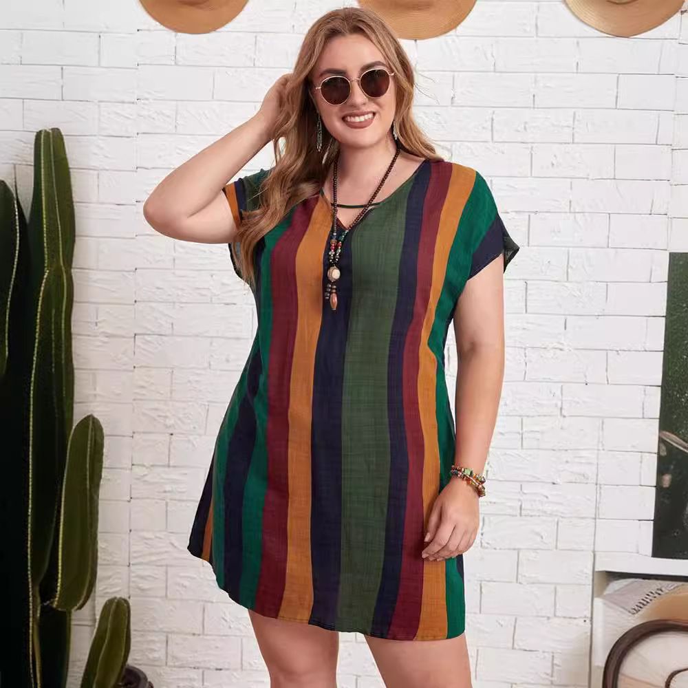 2024 European and American new oversized women's clothing, fashionable striped bat sleeve waist tied dress, V-neck slim fit skirt, soft and breathable, comfortable and versatile, popular in Africa
