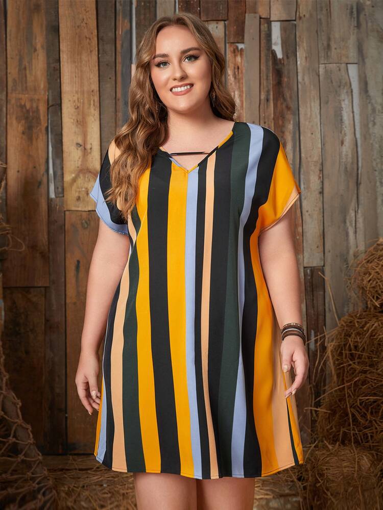2024 European and American new oversized women's clothing, fashionable striped bat sleeve waist tied dress, V-neck slim fit skirt, soft and breathable, comfortable and versatile, popular in Africa