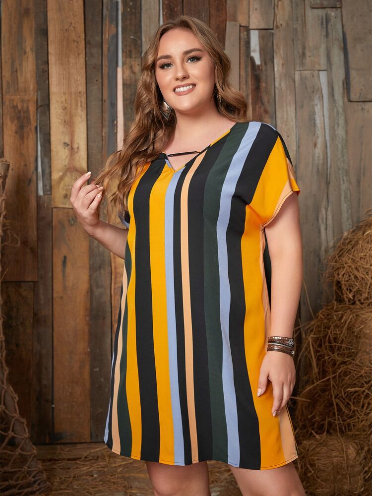 2024 European and American new oversized women's clothing, fashionable striped bat sleeve waist tied dress, V-neck slim fit skirt, soft and breathable, comfortable and versatile, popular in Africa
