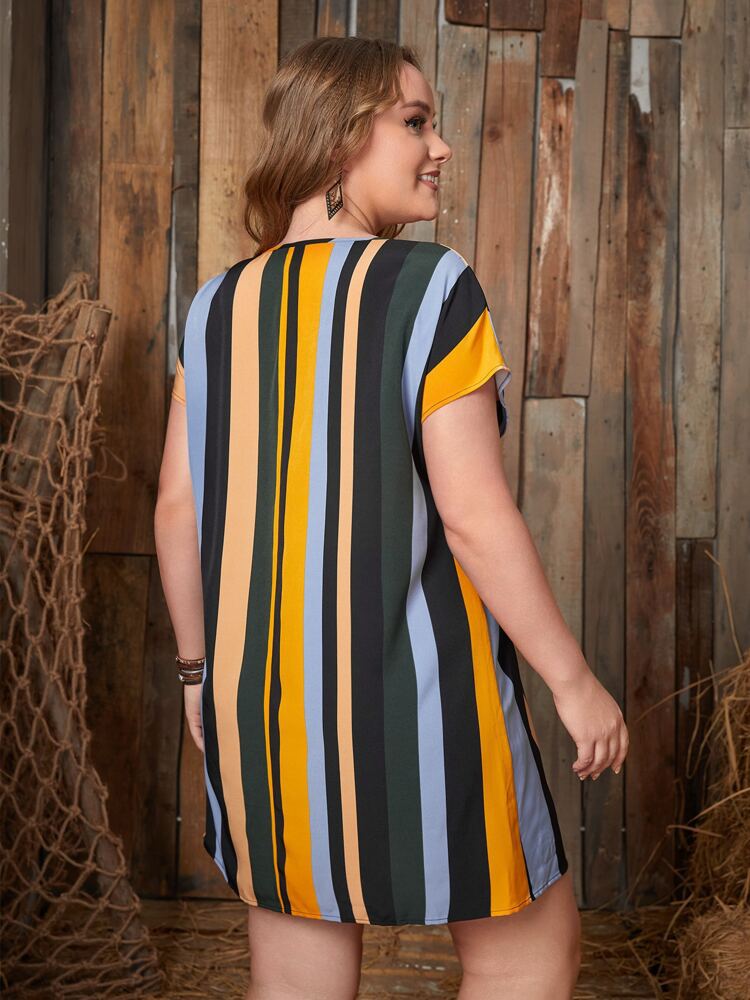 2024 European and American new oversized women's clothing, fashionable striped bat sleeve waist tied dress, V-neck slim fit skirt, soft and breathable, comfortable and versatile, popular in Africa