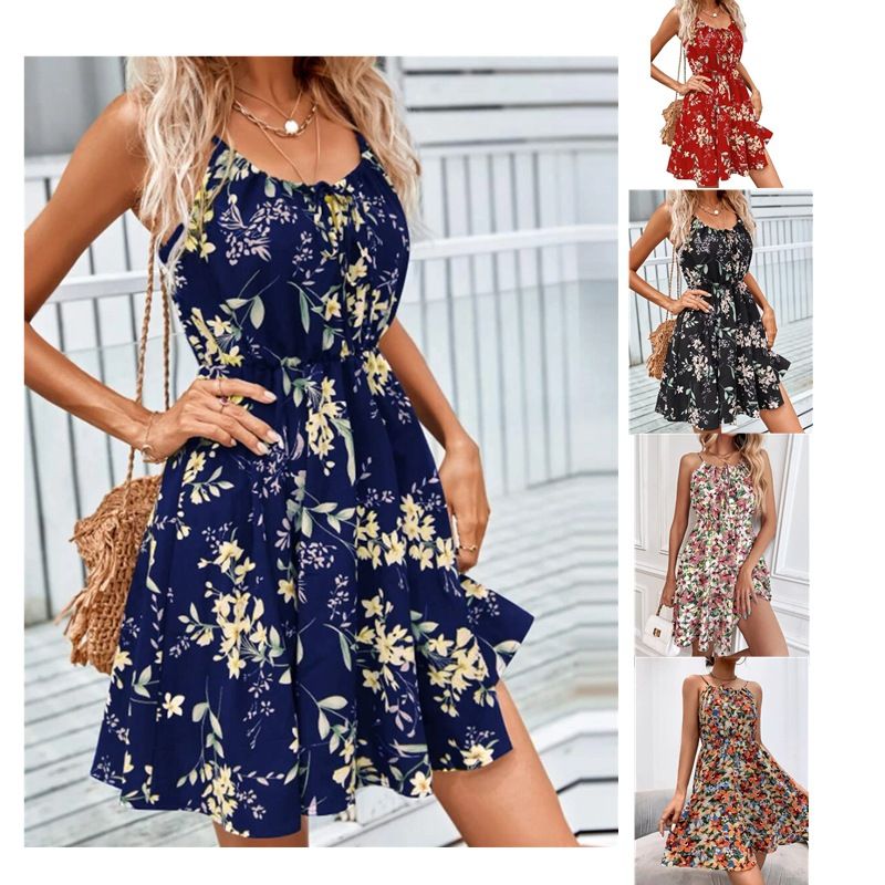 2024 Summer New Elegant Sleeveless Dress, Pullover Printed Elastic Waist Strap Short Skirt for Women, Slim Fit, Elegant and Magnificent, Fashionable and Versatile A-skirt