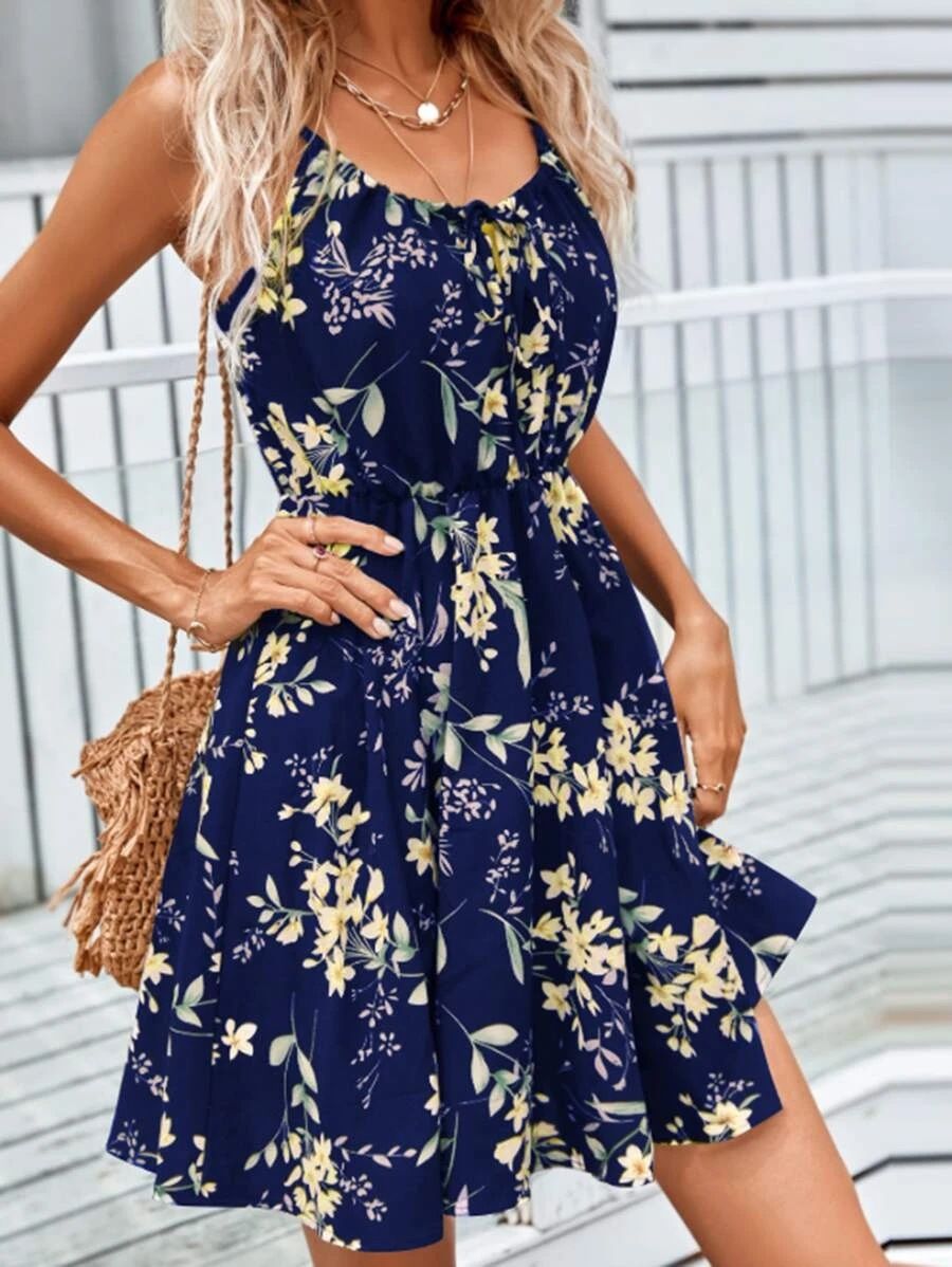 2024 Summer New Elegant Sleeveless Dress, Pullover Printed Elastic Waist Strap Short Skirt for Women, Slim Fit, Elegant and Magnificent, Fashionable and Versatile A-skirt