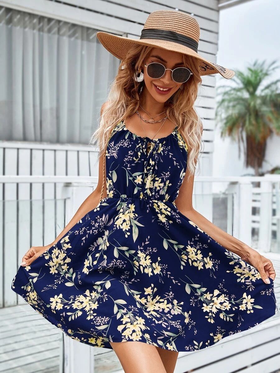 2024 Summer New Elegant Sleeveless Dress, Pullover Printed Elastic Waist Strap Short Skirt for Women, Slim Fit, Elegant and Magnificent, Fashionable and Versatile A-skirt