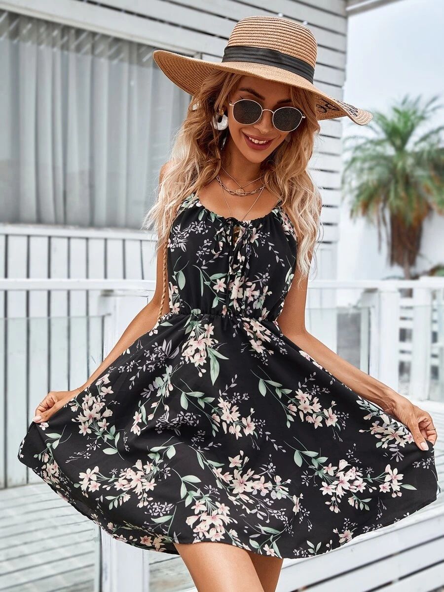 2024 Summer New Elegant Sleeveless Dress, Pullover Printed Elastic Waist Strap Short Skirt for Women, Slim Fit, Elegant and Magnificent, Fashionable and Versatile A-skirt