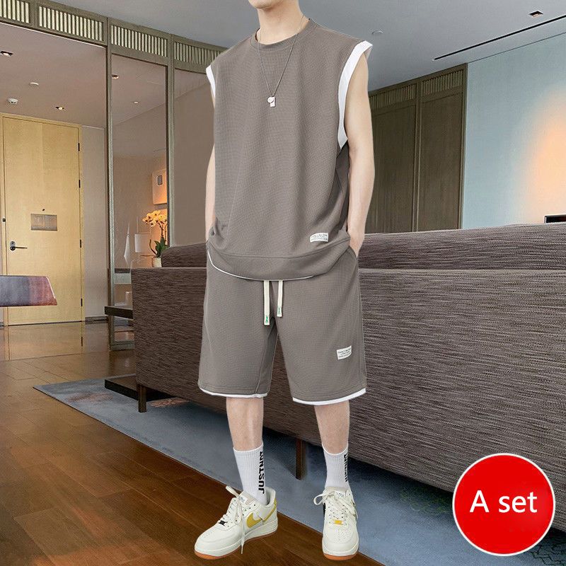 Summer men's loose short sleeve suit, waffle casual vest sleeveless two piece two-piece set, sports shorts suit, solid color, versatile, soft and breathable, waistcoat, popular in Africa, Tiktok style