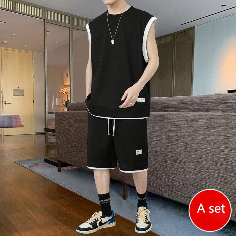 Summer men's loose short sleeve suit, waffle casual vest sleeveless two piece two-piece set, sports shorts suit, solid color, versatile, soft and breathable, waistcoat, popular in Africa, Tiktok style