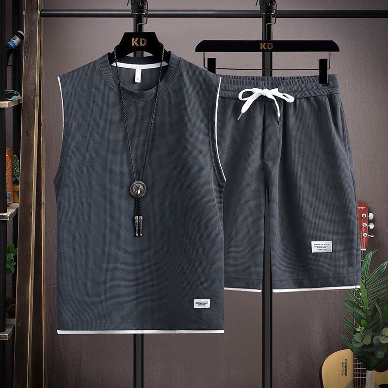Summer men's loose short sleeve suit, waffle casual vest sleeveless two piece two-piece set, sports shorts suit, solid color, versatile, soft and breathable, waistcoat, popular in Africa, Tiktok style
