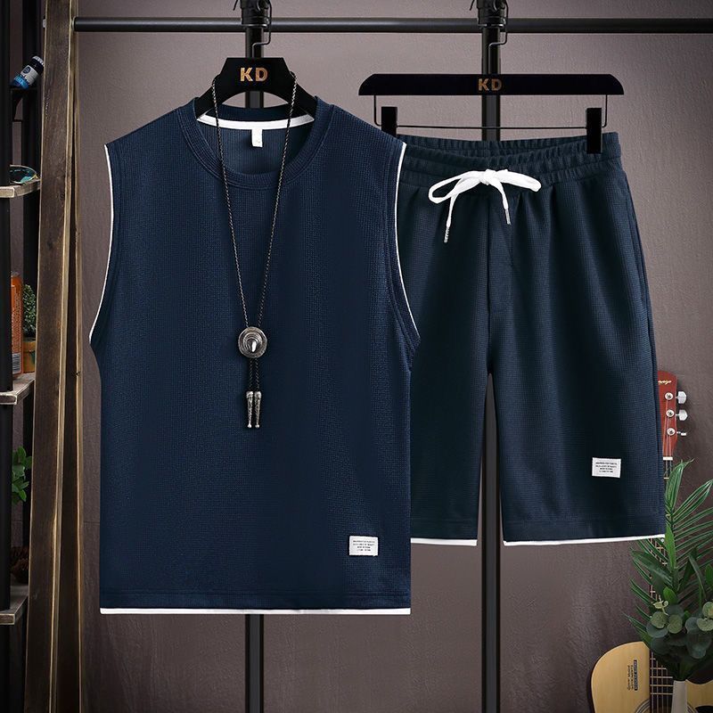 Summer men's loose short sleeve suit, waffle casual vest sleeveless two piece two-piece set, sports shorts suit, solid color, versatile, soft and breathable, waistcoat, popular in Africa, Tiktok style