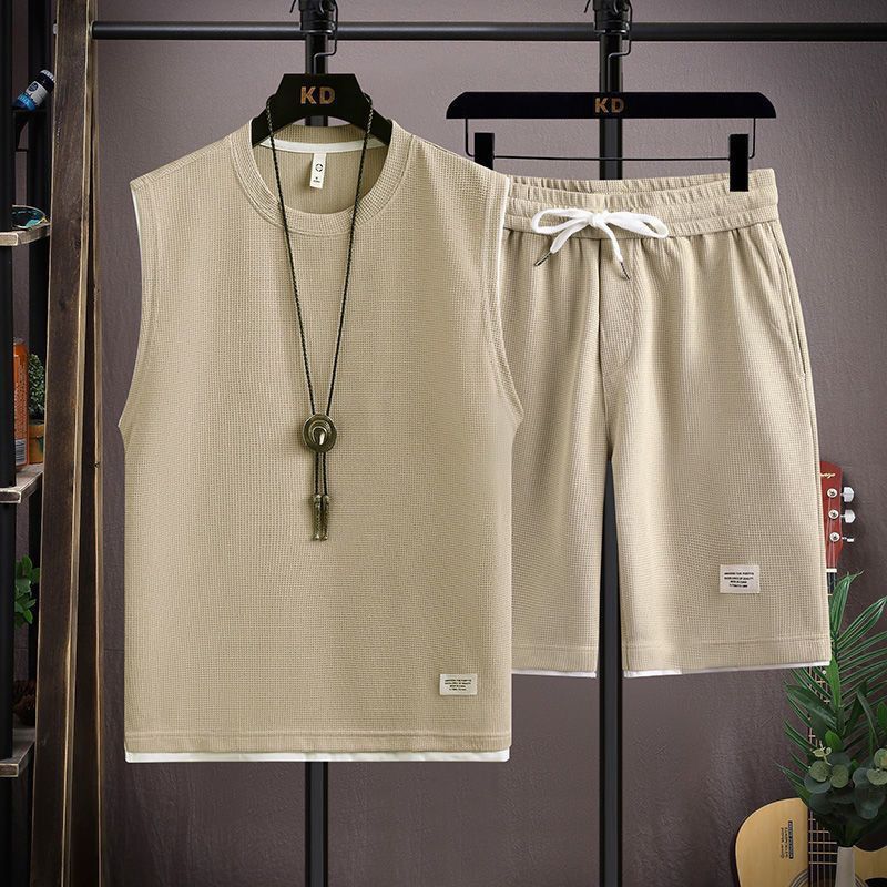 Summer men's loose short sleeve suit, waffle casual vest sleeveless two piece two-piece set, sports shorts suit, solid color, versatile, soft and breathable, waistcoat, popular in Africa, Tiktok style