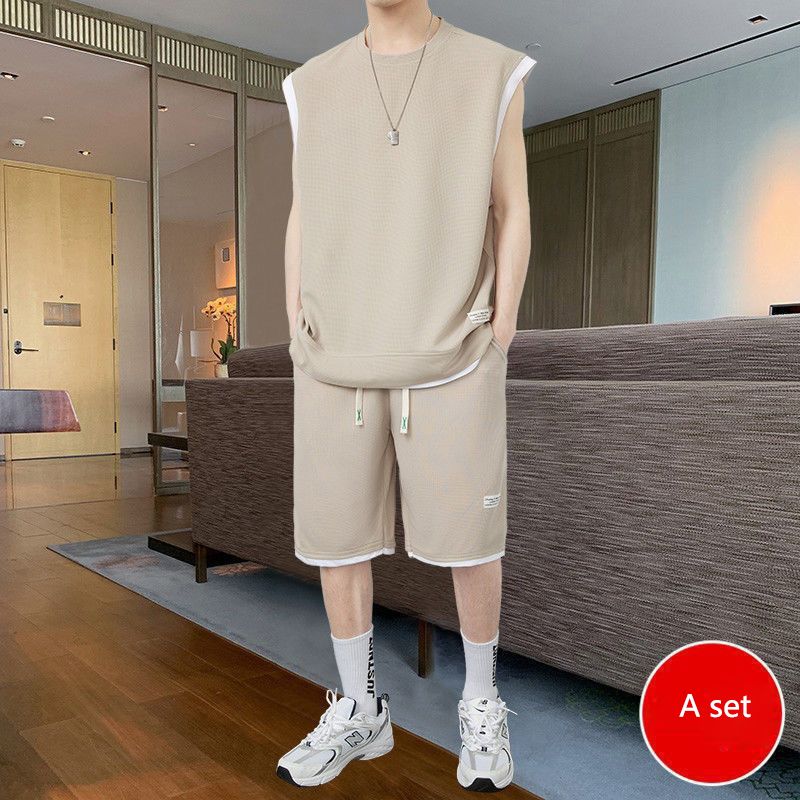 Summer men's loose short sleeve suit, waffle casual vest sleeveless two piece two-piece set, sports shorts suit, solid color, versatile, soft and breathable, waistcoat, popular in Africa, Tiktok style