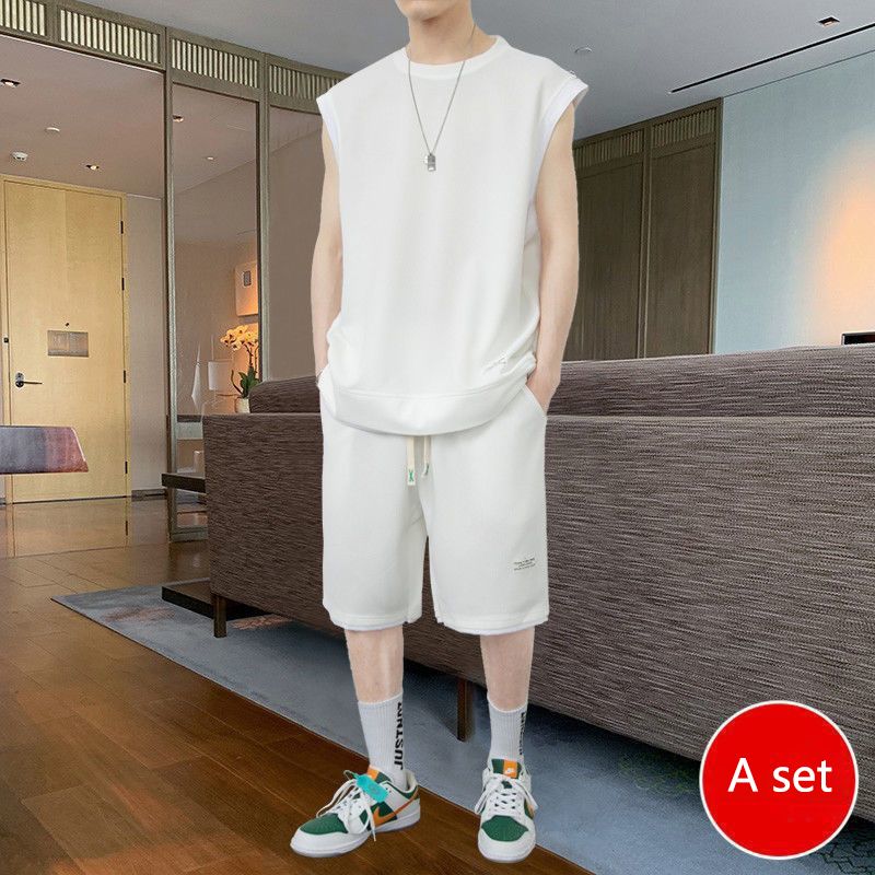 Summer men's loose short sleeve suit, waffle casual vest sleeveless two piece two-piece set, sports shorts suit, solid color, versatile, soft and breathable, waistcoat, popular in Africa, Tiktok style