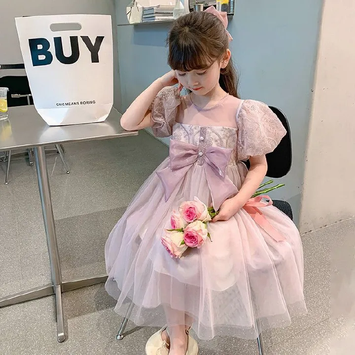 New girl's dress, popular summer Korean version trendy children's dress, little girl fluffy gauze princess dress, cute pink fairy dress, fashionable and stylish, dignified and atmospheric