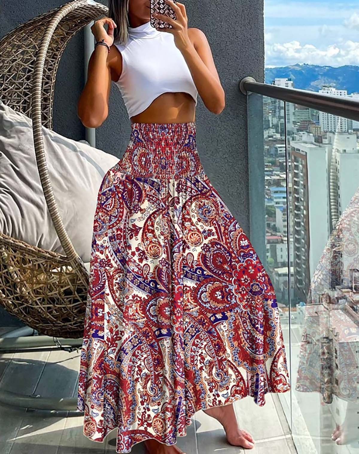 New European and American women's clothing, Bohemian printed elastic waist mid length skirt, high waist half skirt, slim A-line skirt, casual loose holiday floral skirt, fashionable and versatile