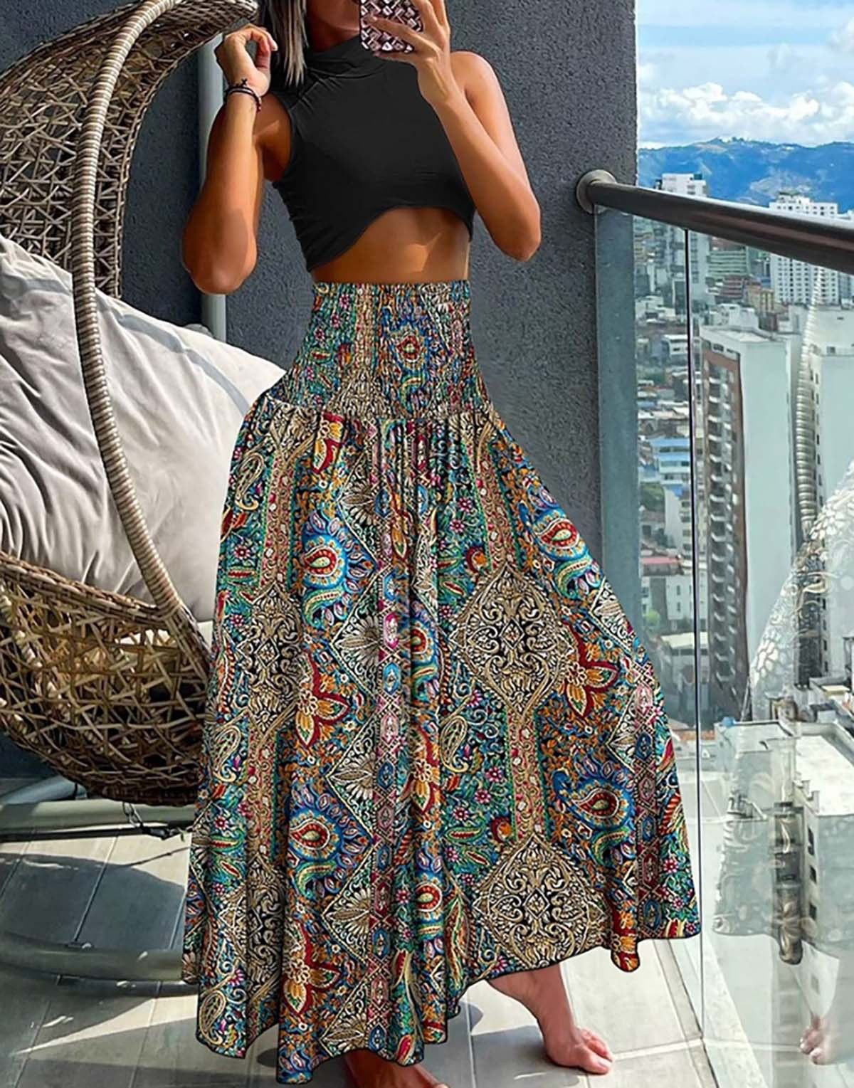 New European and American women's clothing, Bohemian printed elastic waist mid length skirt, high waist half skirt, slim A-line skirt, casual loose holiday floral skirt, fashionable and versatile