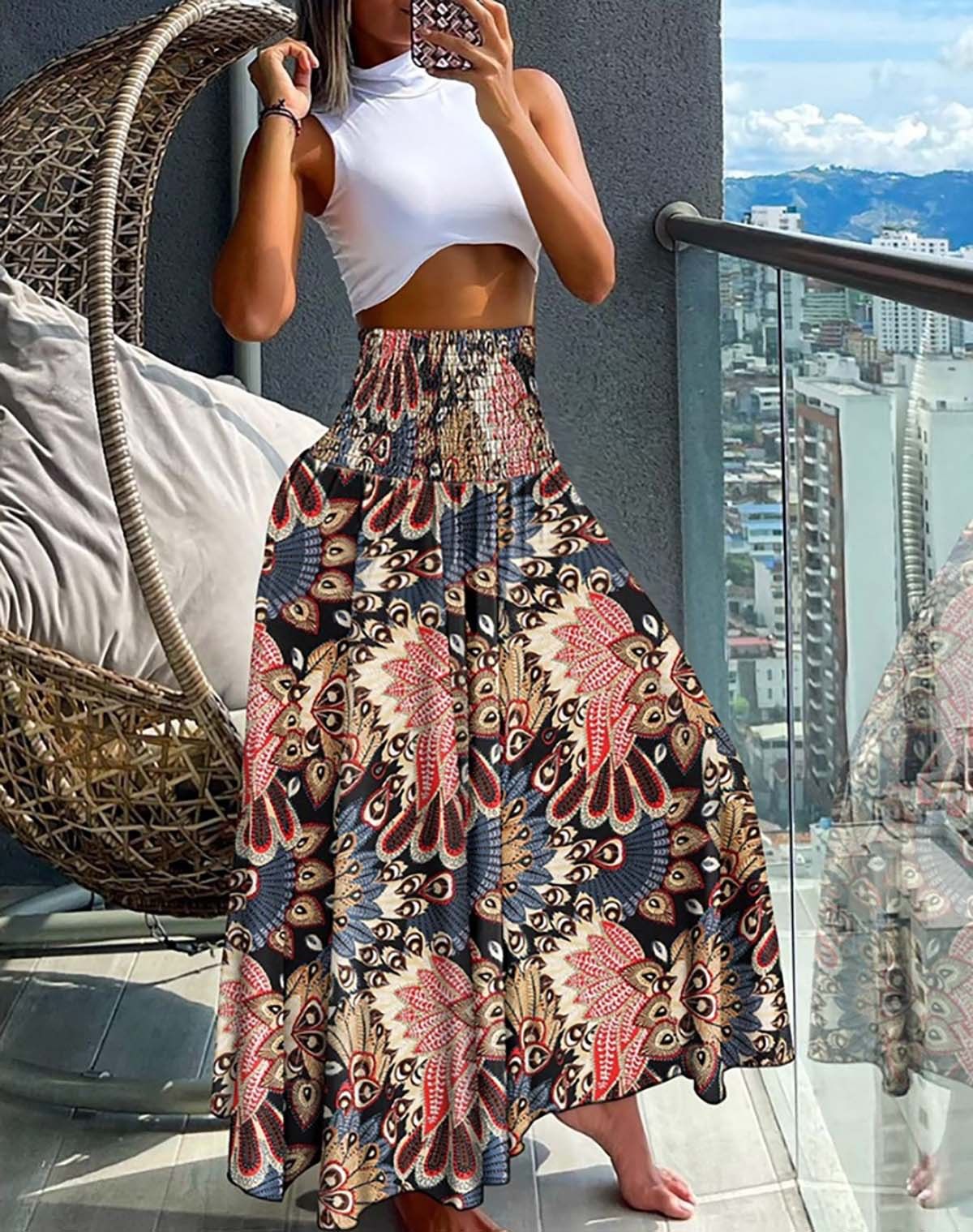 New European and American women's clothing, Bohemian printed elastic waist mid length skirt, high waist half skirt, slim A-line skirt, casual loose holiday floral skirt, fashionable and versatile
