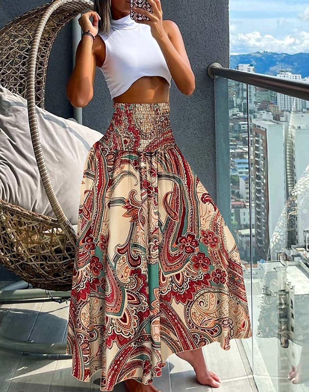 New European and American women's clothing, Bohemian printed elastic waist mid length skirt, high waist half skirt, slim A-line skirt, casual loose holiday floral skirt, fashionable and versatile