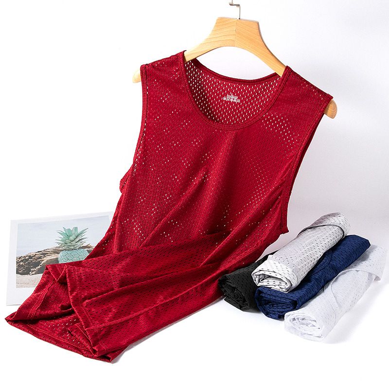 New men's ice silk mesh vest, summer slim fit fitness sports top, sleeveless vest as a base, soft and breathable, sweat wicking and quick drying sportswear, solid color round neck versatile