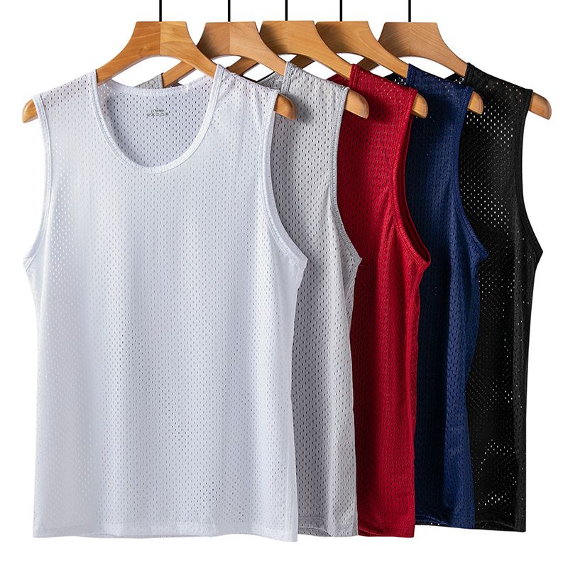 New men's ice silk mesh vest, summer slim fit fitness sports top, sleeveless vest as a base, soft and breathable, sweat wicking and quick drying sportswear, solid color round neck versatile
