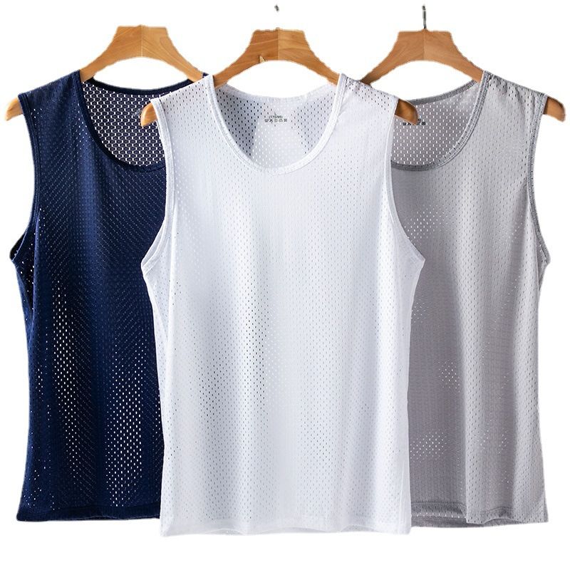 New men's ice silk mesh vest, summer slim fit fitness sports top, sleeveless vest as a base, soft and breathable, sweat wicking and quick drying sportswear, solid color round neck versatile