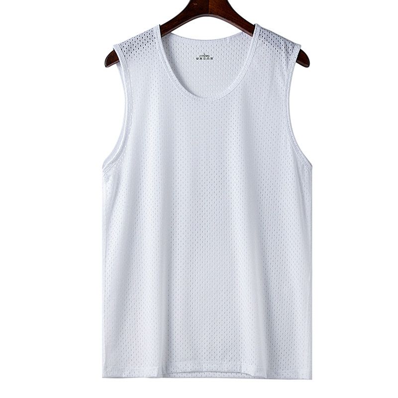 New men's ice silk mesh vest, summer slim fit fitness sports top, sleeveless vest as a base, soft and breathable, sweat wicking and quick drying sportswear, solid color round neck versatile