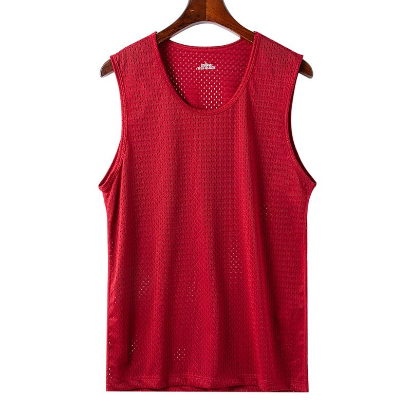 New men's ice silk mesh vest, summer slim fit fitness sports top, sleeveless vest as a base, soft and breathable, sweat wicking and quick drying sportswear, solid color round neck versatile