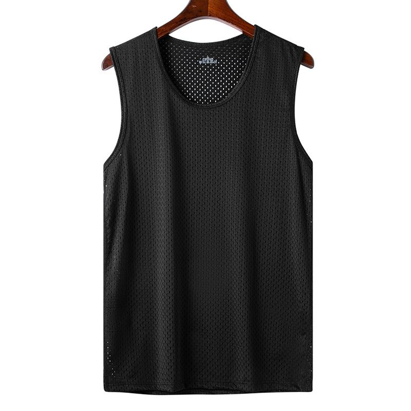 New men's ice silk mesh vest, summer slim fit fitness sports top, sleeveless vest as a base, soft and breathable, sweat wicking and quick drying sportswear, solid color round neck versatile