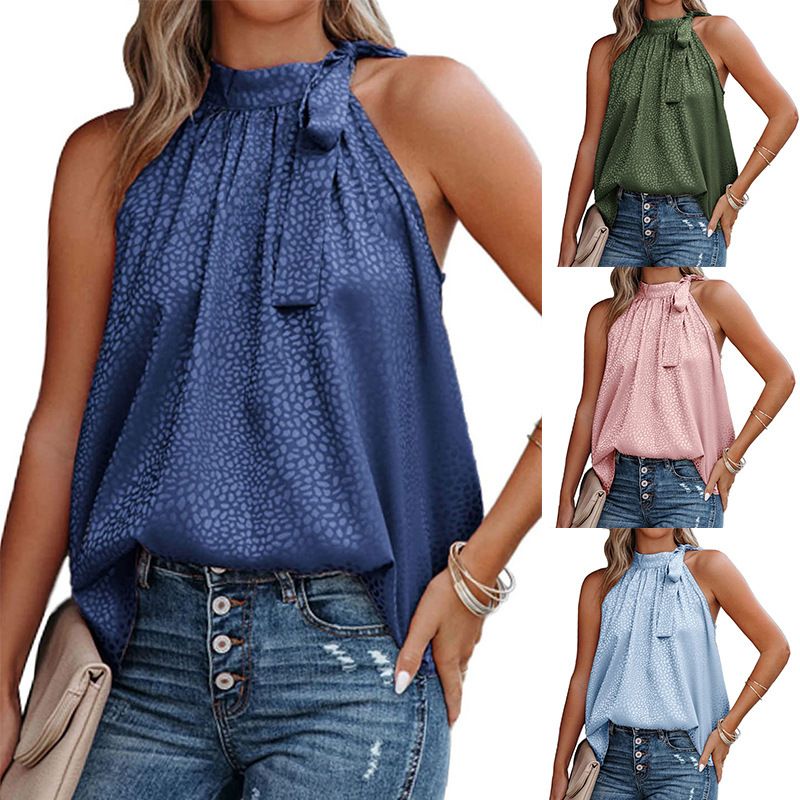 New summer women's clothing, fashionable hanging neck bow leopard print sleeveless vest, lace up casual top, slim fit versatile T-shirt, soft and breathable, comfortable - quick drying clothes