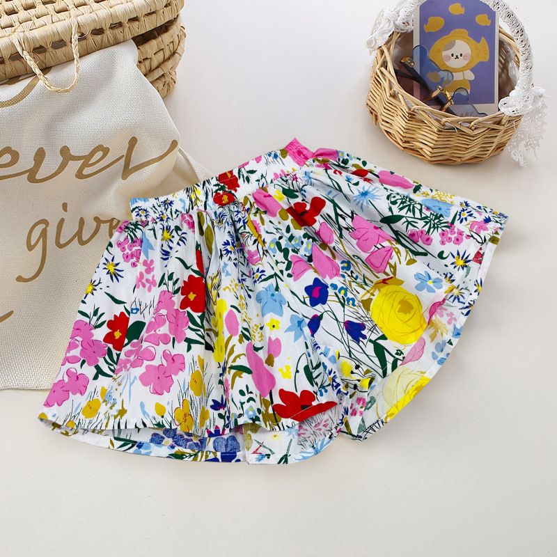 New girl skirt short pants, pure cotton outer wear summer floral hot pants, thin and versatile flower bud skirt pants, popular new skirt pants, soft and comfortable, elastic waist
