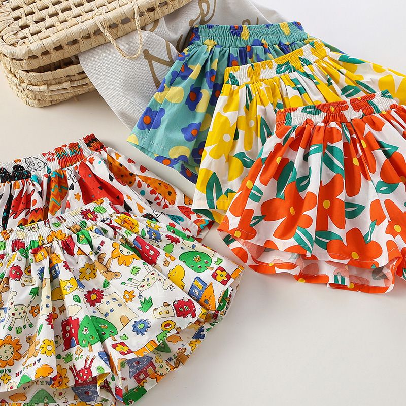 New girl skirt short pants, pure cotton outer wear summer floral hot pants, thin and versatile flower bud skirt pants, popular new skirt pants, soft and comfortable, elastic waist