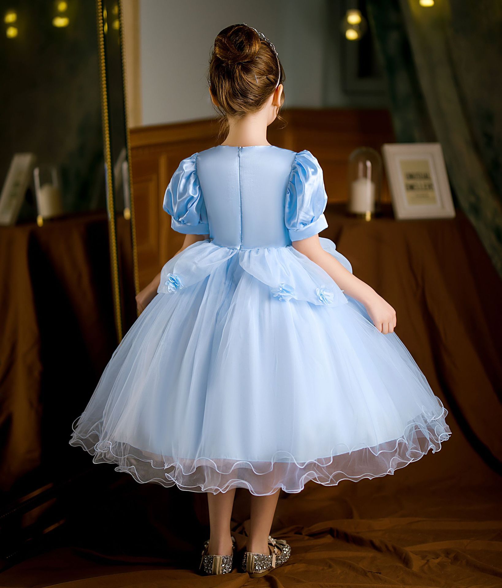 Popular Sofia princess dress, children's fluffy dress, children's dress dress in blue and pink, Cinderella short sleeved princess dress, popular solid color, fashionable and versatile