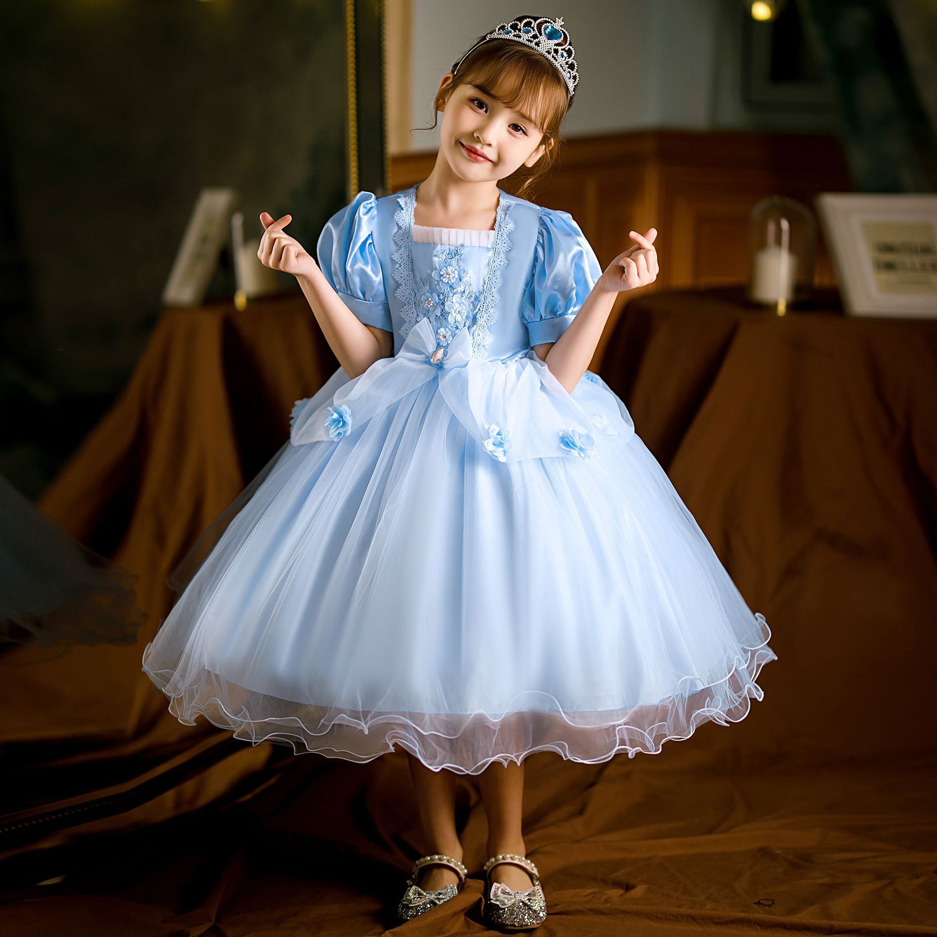 Popular Sofia princess dress, children's fluffy dress, children's dress dress in blue and pink, Cinderella short sleeved princess dress, popular solid color, fashionable and versatile